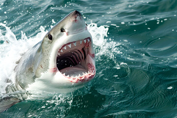 Obraz premium Great white shark breaking the water's surface with wide-open jaws, showcasing its sharp teeth.