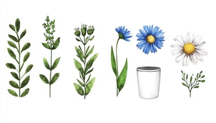 A collection of hand-painted botanical illustrations featuring various herbs and flowers in a white pot