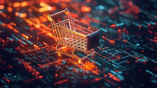 Futuristic shopping cart on a digital background representing e commerce, technology, and online shopping trends for modern consumers