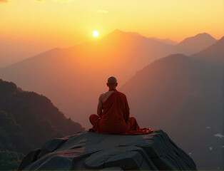 Obraz premium A meditative monk welcomes the morning, seated on a mountain peak as sunlight spreads across the horizon.
