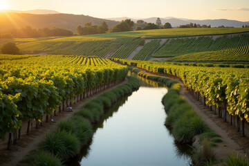 Naklejka premium Golden afternoon light reflecting on a river through vineyard rows