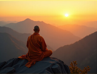 A monk sits on a peaceful mountain summit, meditating as the sunrise illuminates the valley below.