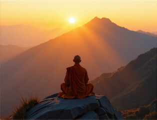 Fototapeta premium A monk meditates on a mountaintop, welcoming the calm of dawn and the warmth of the rising sun.