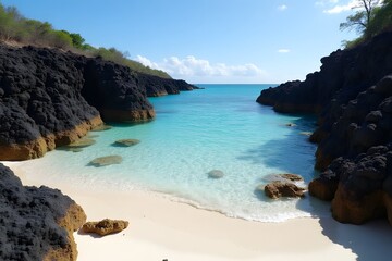Naklejka premium A calm beach framed by volcanic rocks and clear waters revealing marine life.
