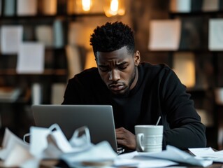 Man Struggling with Procrastination at Desk with Laptop