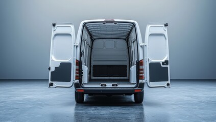 A white van with its doors open, viewed from the back in an empty room. The cargo area is visible inside, and there is space for text or graphics on one side of it.