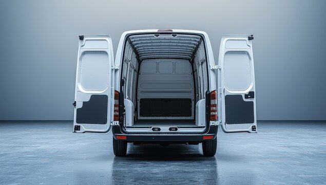 A white van with its doors open, viewed from the back in an empty room. The cargo area is visible inside, and there is space for text or graphics on one side of it.