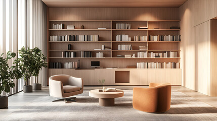 Sleek Pastel Office Interior with Bookshelves,
Modern Pastel-Toned Office Space with Shelves