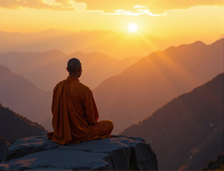 A monk finds spiritual peace atop a mountain, meditating at dawn as sunlight streams through...
