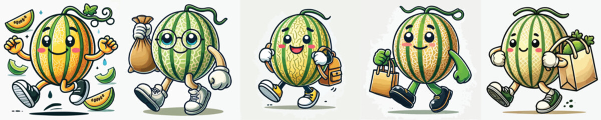 collection of cute melon fruit vectors carrying bags