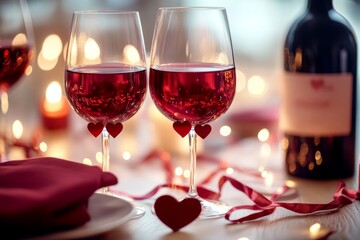 Red wine glasses with ribbons and heart-shaped charms, romantic table setting, soft candlelight, close-up view