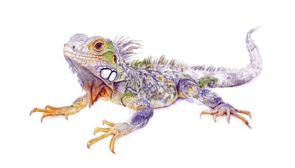 Naklejka premium Colorful iguana posing on a white background, showcasing vibrant scales and intricate details