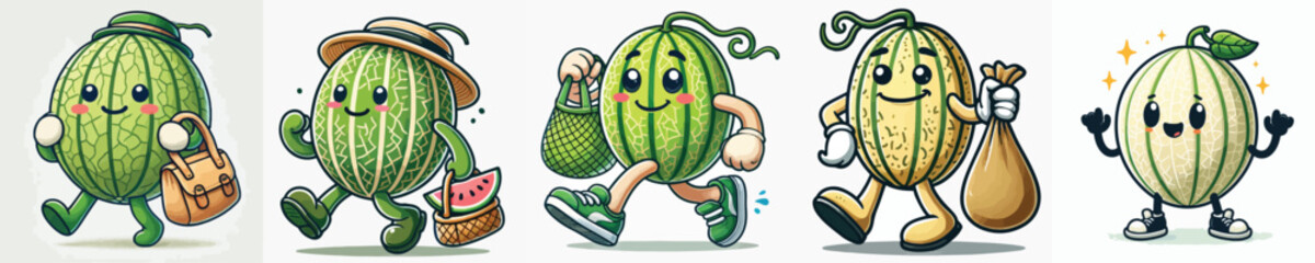 collection of cute melon fruit vectors carrying bags
