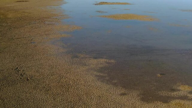 An aerial view of a lake that is running low due to drought. Egirdir Lake, Turkey.