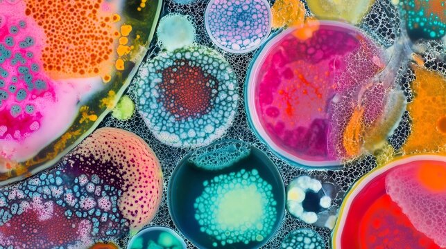 Intricate Microbial Colonies colorful display of bacteria forming complex growth patterns on agarbased culture plates