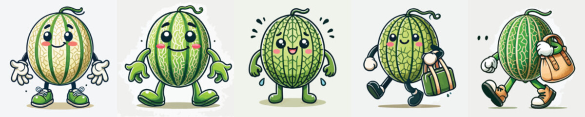 collection of cute melon fruit vectors carrying bags