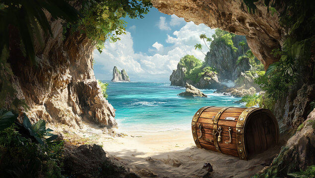 A view of a tropical island from inside a pirate ship's cave