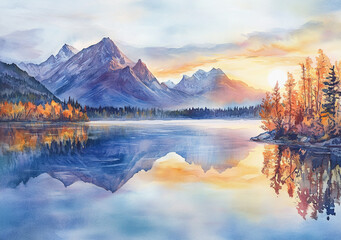 Watercolor landscape illustration of mountains and a lake at sunrise