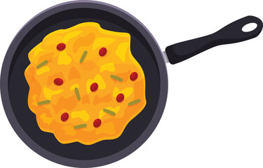 Delicious omelette cooking in frying pan, top view, perfect for breakfast, brunch, or lunch