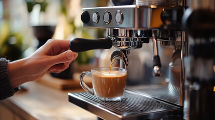 A barista extracts a rich espresso shot from a professional coffee machine, showcasing the art of coffee brewing and the enjoyment of a perfect cup.