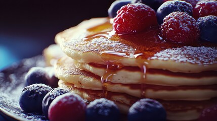 Stack of fluffy pancakes drizzled with syrup, topped with fresh berries, set against a dark background
