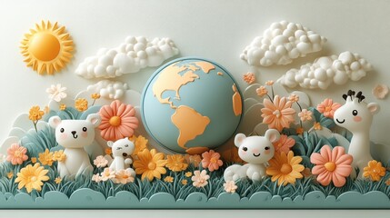 Obraz premium Colorful 3D illustration of animals and flowers surrounding a globe under a sunny sky