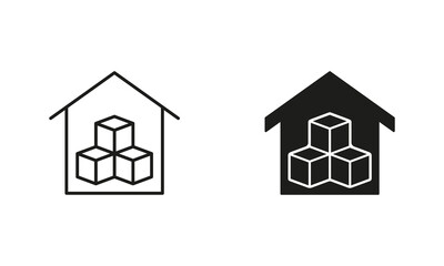 Storehouse for Shipping Service Symbol. Warehouse Line and Silhouette Icon Set. Commercial Cargo Box in Store House Sign. Editable Stroke. Isolated Vector Illustration