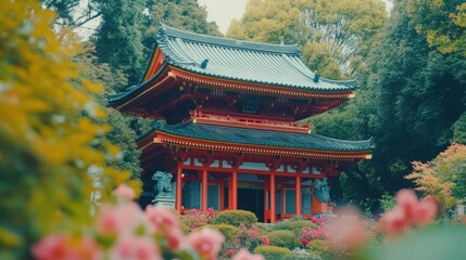 A serene view of a traditional Japanese temple nestled among lush trees and pink flowers