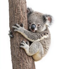 Obraz premium A cute koala clings to a tree trunk in a serene natural setting, surrounded by greenery and bright sunlight