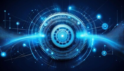 Fototapeta premium abstract blue glowing digital gears and connections on a dark background