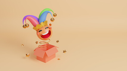 Happy april fools day and funny pranks concept with silly face emoticon on background. colorful design. Holiday accessories, April 1st themed party attributes. Copy space, 3d rendering illustration