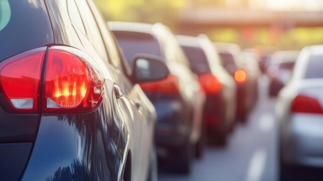Heavy traffic on highway during rush hour, vehicles moving slowly in a long line, urban congestion and daily commute challenges.