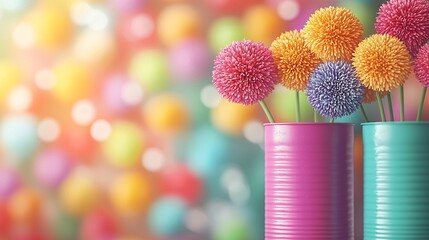 Colorful pom-pom like flowers in pink and teal cans in front of blurred balloons. Use Decoration