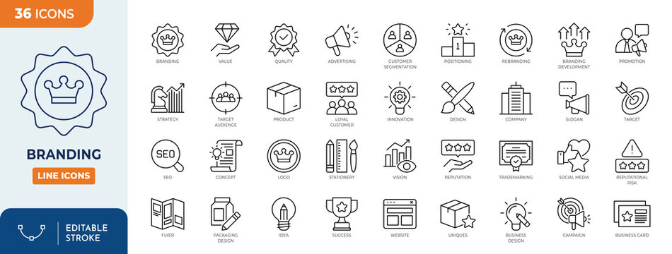 Branding icon set. Containing marketing, product, design, logo, social media, advertising, brand value, loyal customers and more. Outline Icon Collection. Editable stroke. Vector illustration	
