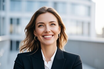 smiling woman in black jacket and white shirt standing outside