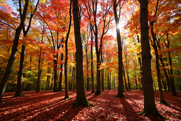 Fototapeta premium Dense autumn forest with colorful leaves and sunlight filtering through
