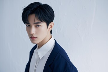 arafed asian man in a blue jacket and white shirt