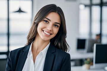 Naklejka premium smiling woman in business attire standing in an office