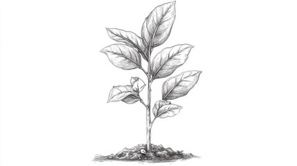 Detailed pencil sketch of a young plant with several leaves growing from the soil.