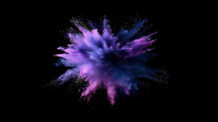 Vibrant explosion of purple and blue powder against black background, creating dynamic and artistic visual effect