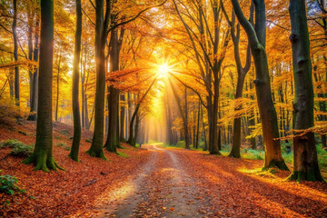 Fototapeta premium Sun rays through autumn forest path.