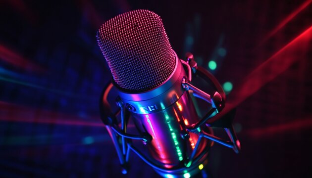 High-quality podcast microphone featuring vibrant LED lighting enhancing the creative podcasting experience. Podcast