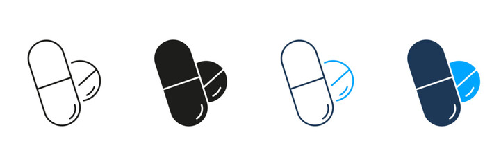 Pill and Capsule Line and Silhouette Icon Set. Medicine and Healthcare Supplement Symbol. Medication for Health and Sleep Aid. Editable Stroke. Isolated Vector Illustration