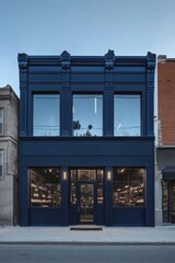 The chic blue storefront features expansive windows that beautifully highlight its contemporary design, set against an urban backdrop during twilight