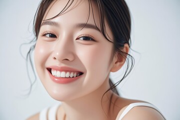 smiling asian woman with long black hair and white tank top