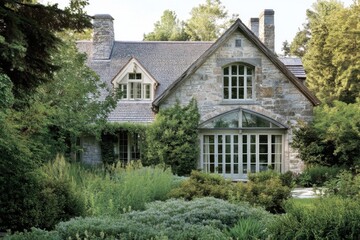 Beautiful stone house surrounded by lush greenery, showcasing stunning architecture and serene landscaping in a peaceful setting