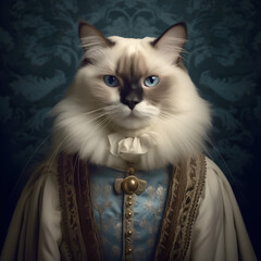 Realistic lifelike Birman cat kitten kitty in renaissance regal medieval noble royal outfits, commercial, editorial advertisement, surreal surrealism. 18th-century historical	