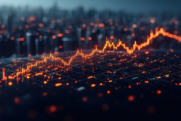 A stock market candlestick chart with a rising trend line