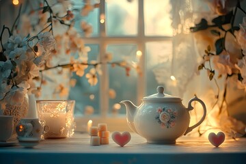 Fototapeta premium Romantic tea setup, heart-shaped sugar cubes, teapot, floral decor, soft warm lighting