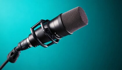 Professional studio microphone expertly positioned for optimal sound capture in a dynamic podcasting environment.